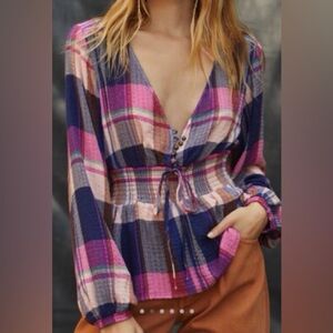 Pilcro by Anthropologie Plaid Deep V Blouse